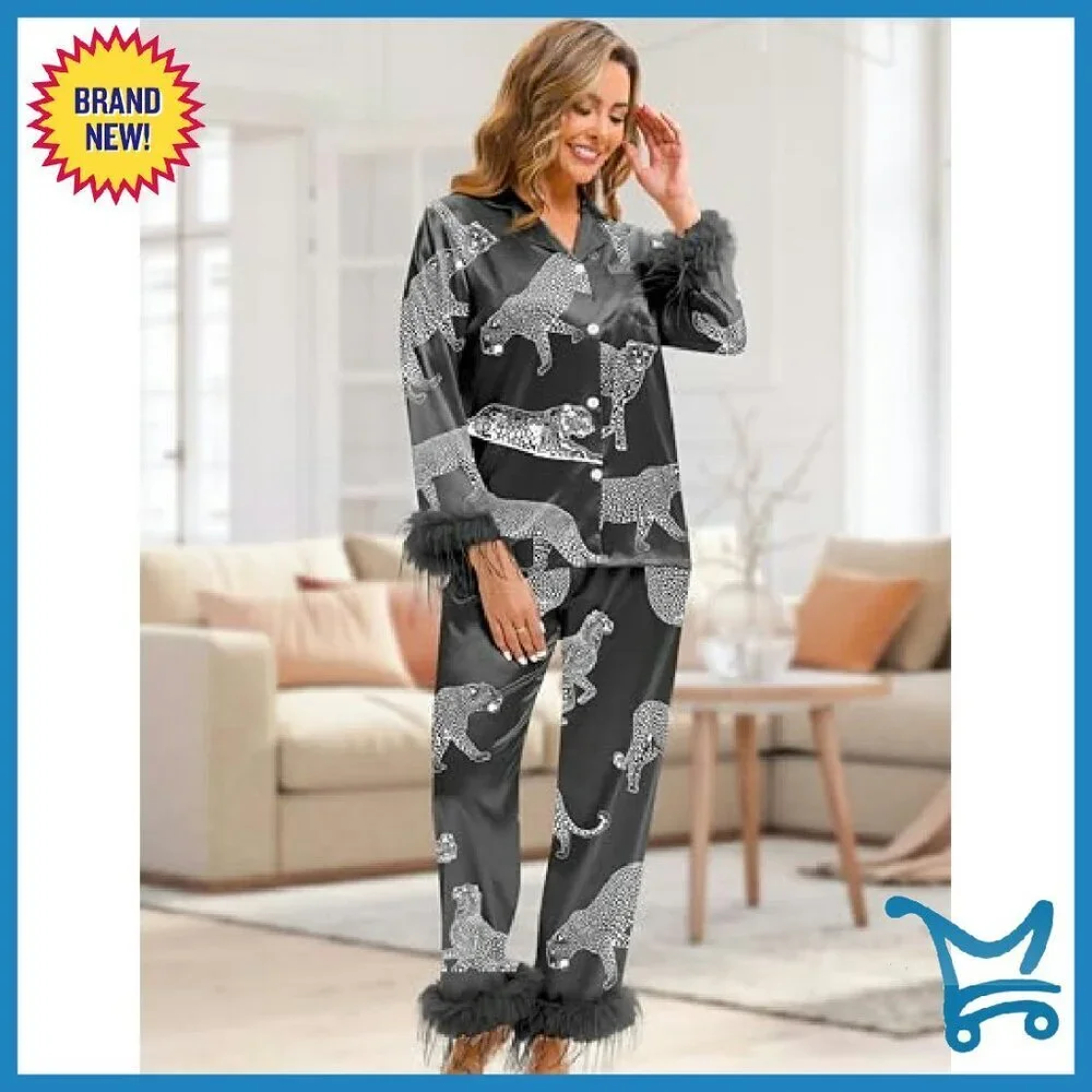 Silk Satin Pajama Set with Feather Trim Long Sleeve Pocket Sleepwear
